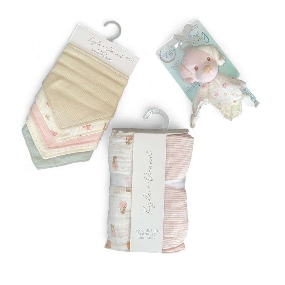 NWT Baby Girl Bundle Includes Muslin Swaddle Blankets Bibs and a Paci Lovey
